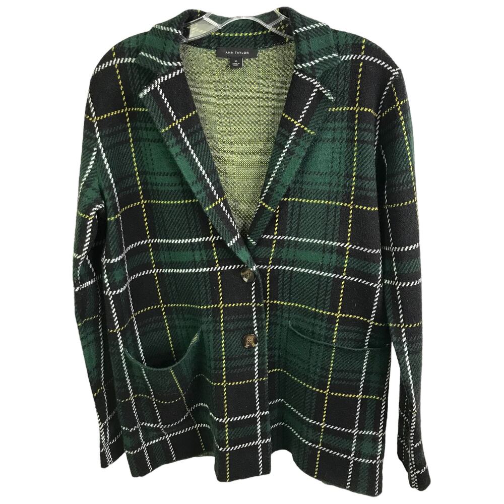 Ann Taylor Blazer Womens Sz‎ XS Green Plaid 2 Button Cotton Collared Jacket